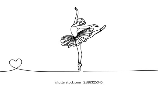 Classical female dancer in continuous line art drawing style. Girl dancing black line sketch on white background. Vector illustration