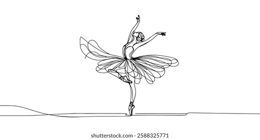 Classical female dancer in continuous line art drawing style. Girl dancing black line sketch on white background. Vector illustration