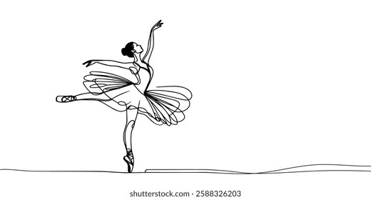 Classical female dancer in continuous line art drawing style. Girl dancing black line sketch on white background. Vector illustration