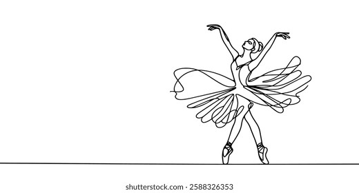 Classical female dancer in continuous line art drawing style. Girl dancing black line sketch on white background. Vector illustration