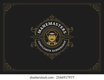 Logotipo de oro de filigrana Clásica para barbería con Ilustración vectorial de Plantilla de diseño retro de retrato de hombre. Emblema de adorno de lujo florece para el servicio de aseo masculino Caballero barba afeitado peinado