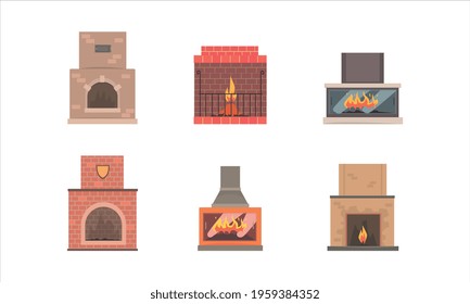 Colección clásica de la chimenea, chimenea casera de ladrillos, piedra natural, yeso con vectores de caricatura de llama ardiente Ilustración