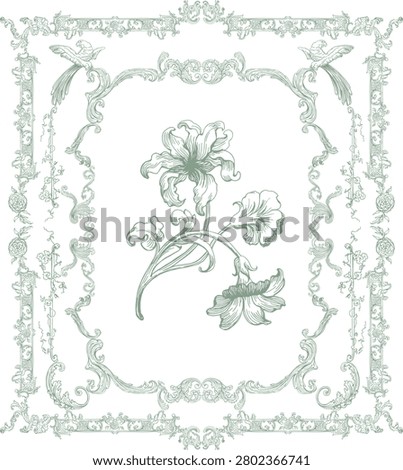 Classical floral composition within decorative square frame border