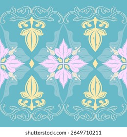 Classical Flourish Medieval Refreshing of Victorian Baroque Sweet Dream Color. Elegance Seamless Border Pattern with Pink Yellow Blue Hand Drawn Beautiful Fine Flowing Detailed for Tiles Ceramic Batik