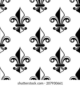 Classical French black and white fleur-de-lis seamless pattern with a repeat motif in square format suitable for wallpaper or fabric design