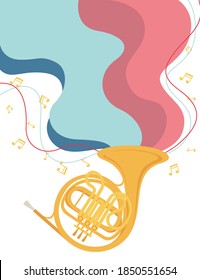 Classical French horn musical instrument with flowing musical notes flat vector illustration