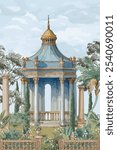 Classical French temple with garden, parrot, botanical tree, flower vase, balustrade illustration, Baroque dome wallpaper.