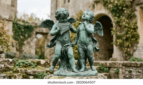 Classical garden sculptures of winged angels standing among ivy and stone ruins.
