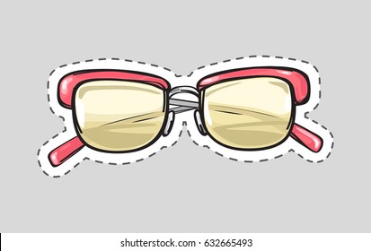 Classical glasses icon patch. Glasses isolated cut out. Unisex model, frame for man and woman. Eyeglasses with dashed line sticker. Hipster glasses. Metal framed pink glasses. Vector illustration