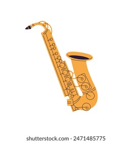 Clásica saxofón dorado. Saxo de oro de Profesional. Viento, instrumento de música de bronce para tocar melodías, melodía en concierto de jazz, actuación de blues. Ilustración vectorial aislada plana sobre fondo blanco