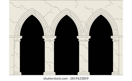 Classical gothic architecture featuring three elegant pointed arches with stone pillars and realistic cracked marble textures.