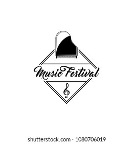 Classical grand piano. Music festival logo emblem label. Treble clef sign. Musical instrument. Vector illustration