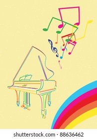 Classical grand piano sketch with musical notes and rainbow, abstract musical background