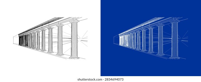 Classical Greek architectural colonnade perspective illustration featuring 3D line art drawing of fluted antique pillars, row of stone columns, entablature detail, vanishing grid lines, and blueprint technical schematic shown on white and blue background options.