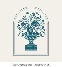 Classical Greek flower vase, roman arch illustration for wallpaper. Vintage. Suitable for wedding invitation, print, menu