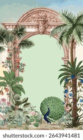 Classical Greek flower vase roman arch illustration for wallpaper, Mughal Wedding Invitation card Design, Peacock,Watercolor Background.
