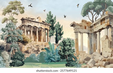 Classical Greek Garden Illustration, Greek Garden Mural Design for Print, Birds, Watercolor Background.  