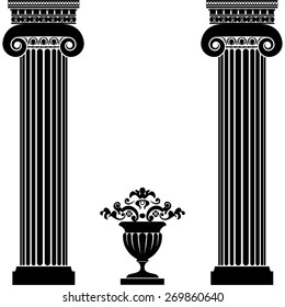 Classical greek or roman columns and vase isolated on white background. Vector illustration