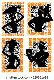 Classical Greek Or Roman Figures In Black Silhouette Showing Maidens And Young Men Carrying Urns And Amphoras And Eating Grapes, Vector Illustration In Orange Frames