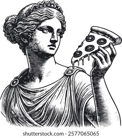 classical Greek or Roman statue with pizza, ancient sculpture with food style sketch engraving generative ai fictional character vector illustration. Scratch board imitation. Black and white image