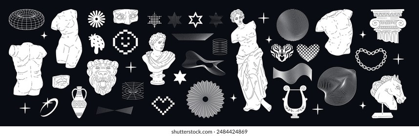 Classical Greek sculptures and pottery fuse with cyberpunk, retro 90s style in this Y2K 2000 vector illustration set, featuring sharp monochrome elements.