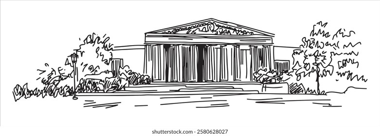 classical greek temple with columns surrounded by trees, hand-drawn vector illustration
