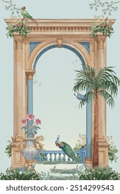 Arco tradicional griego Clásica, jardín, pavo real, loro, ilustración de florero