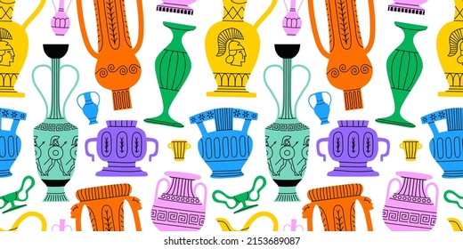 Classical Greek Vase Decoration Cartoon Seamless Pattern Illustration. Colorful Trendy Museum Jar Background, Ancient Pottery Doodle Wallpaper.