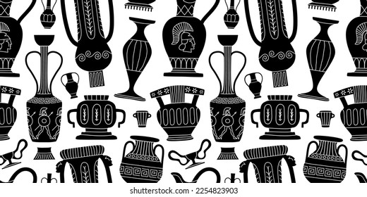 Classical greek vase decoration cartoon seamless pattern illustration. Black and white museum jar background, ancient pottery doodle wallpaper.