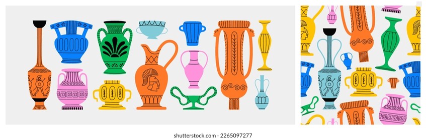 Classical greek vase decoration cartoon pattern illustration set. Colorful trendy museum jar background print collection, ancient pottery doodle wallpaper.