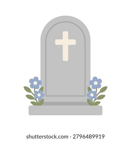 Classical grey stone headstone icon with carved cross and decorative blue floral arrangement for cemetery memorial art.
