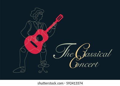 Classical guitar graphic with simple drawing line in shape of guitarist and space for text.