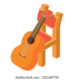 Classical guitar icon isometric vector. Stringed musical instrument near chair. Music and art concept