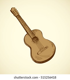 Classical guitar isolated on white backdrop. Freehand outline ink drawn object sketchy in retro engraving style pen on paper. Closeup view with space for text