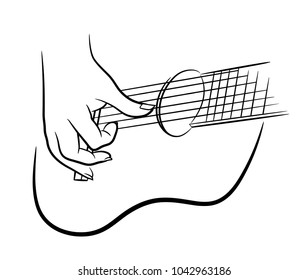 Classical Guitar Logo of Hand Plucking A Guitar Strings, a hand drawn vector illustration of a hand playing a guitar.