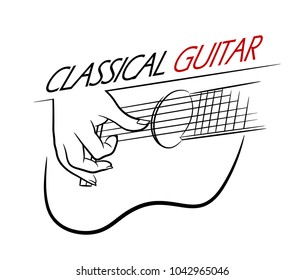 Classical Guitar Logo of Hand Plucking A Guitar Strings, a hand drawn vector illustration of a hand playing a guitar.