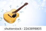 Classical guitar with music notes flying on a blue bokeh sky background. Instrumental vector banner.
