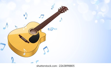 Classical guitar with music notes flying on a blue bokeh sky background. Instrumental vector banner.