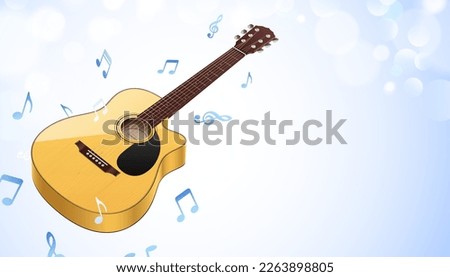 Classical guitar with music notes flying on a blue bokeh sky background. Instrumental vector banner.