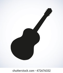 Classical guitar on white backdrop. Dark ink drawn logo sketchy in ancient engraving style pen on paper. Close-up view with space for text