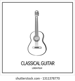 Classical guitar, string and plucked instrument. Linear icon from outlines. Icon isolated on white background. Banner with frame. Vector illustration