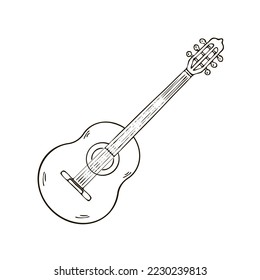 Classical guitar. Stringed musical instrument. Cover design. Vector black and white isolated illustration. Hand drawn outline sketch