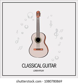 Classical guitar, stringed-plucked instrument. Icon isolated on a light background. With elements of a treble clef, a star, headphones, a mediator. Banner with a frame. Vector illustration.