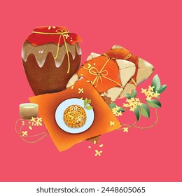 Classical hand drawn mooncakes and osmanthus wine and osmanthus flowers