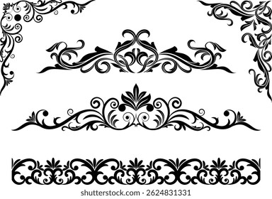 Classical hand-draw decorative lace calligraphy scrollwork separator, border and corner design elements for invitation card and decoration
