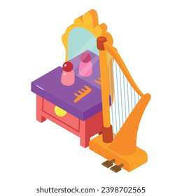 Classical harp icon isometric vector. Stringed musical instrument, dressing table. Retro room interior