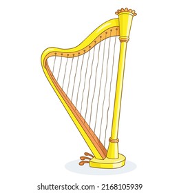 Classical harp is a stringed musical instrument. In cartoon style. Isolated on white background. Vector illustration