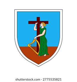 Classical heraldic shield for Montserrat, depicting a blonde woman in green robe (representing Faith) on an orange-brown field under a blue sky, embracing a large brown cross.