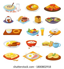 Classical hotel breakfast food menu meal set of isolated vector illustrations. Coffee, fried eggs bacon, toasts and orange juice, croissant, jam and cereal. Restaurant traditional breakfast food.