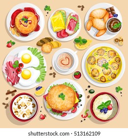 Classical hotel breakfast menu poster with fried eggs bacon and other food realistic pictograms composition top view vector illustration